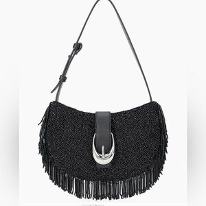 STAUD Black Textured Shoulder Bag with Fringe Detail